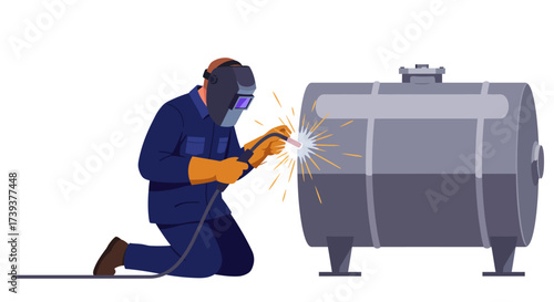 Welder wearing safety gear welding a large cylindrical tank sparks flying