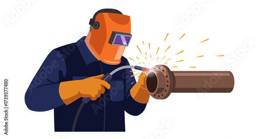 Welder welds a metal pipe flange sparks flying safety mask on dark blue shirt and orange gloves protect the worker