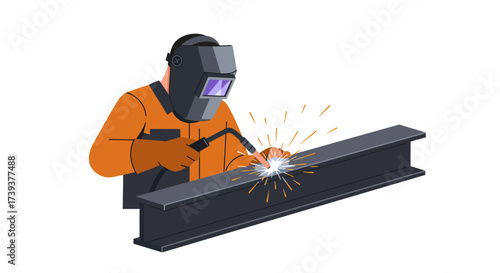 Welder welds metal Ibeam wearing protective gear sparks flying