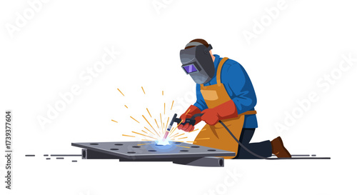 Welder with safety gear sparks and metal plate Kneeling position