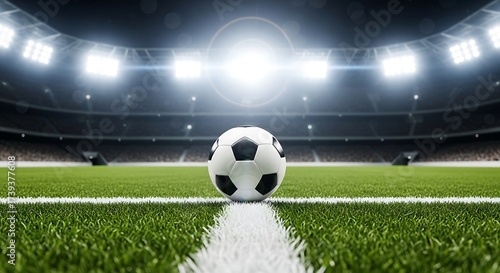 Feel the energy of the stadium with this classic soccer ball ready for kickoff on the vibrant green pitch under the bright stadium lights tonight