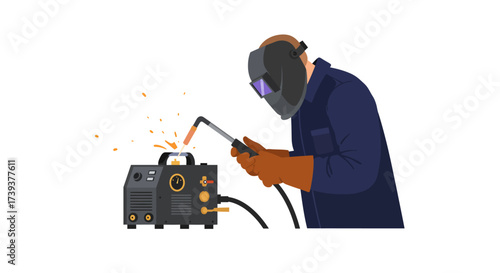 Welder with protective mask and gloves welds metal with sparks flying