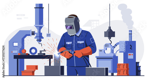 Welder works in factory with sparks wearing a mask  gloves with machines in background