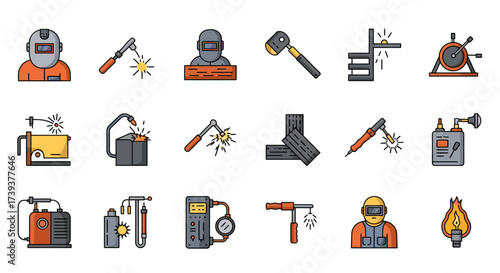 Welding icons welders torches sparks metal pieces and welding equipment are presented