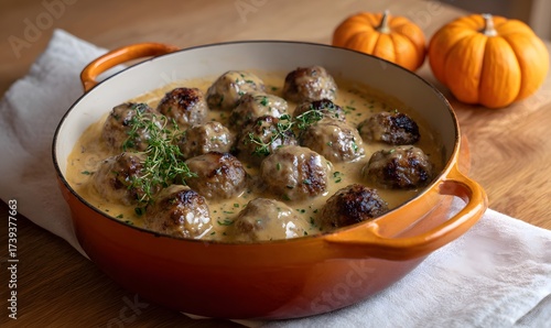 lots of small swedish meatballs with creamy beef gravy, in a burnt orange enameled cast iron pot