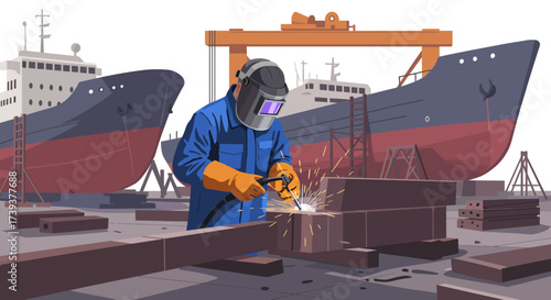 Welder works on metal pieces ships under crane in background