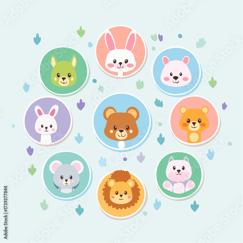 Cute cartoon animal icon set with baby cats dogs pigs rabbits bears lions tigers and cows seamless pattern design