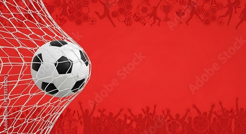 Dynamic soccer ball hits the net against a vibrant red background with cheering fans and sports icons, perfect for sports marketing campaigns