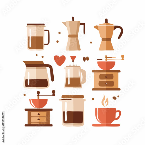 Vintage coffee grinder and cups set with kitchen utensils isolated on white background