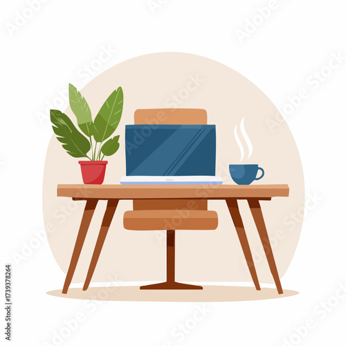 Office desk with computer and person working in a modern business room illustration