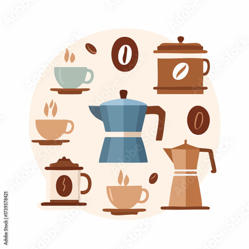Coffee cup set vector illustration with steaming mugs and coffee icons