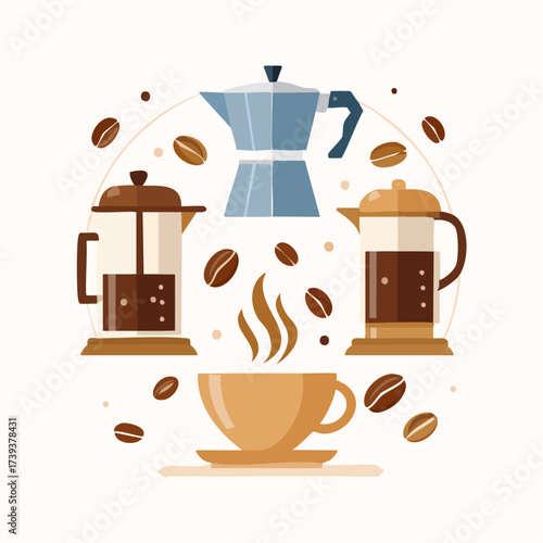 Coffee cup set vector illustration with steaming mugs and coffee icons