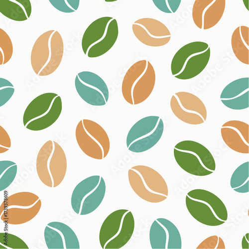 Coffee beans seamless pattern with green leaves natural eco design vector illustration