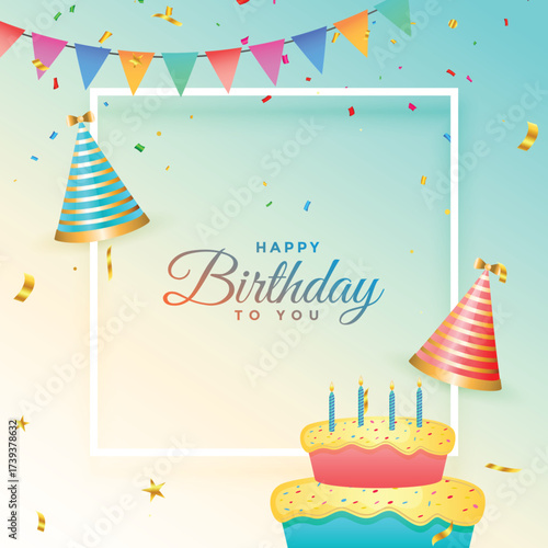 beautiful happy birthday background with delicious cake and cap