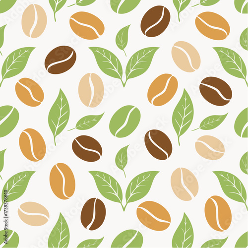 Coffee beans seamless pattern with green leaves natural eco design vector illustration