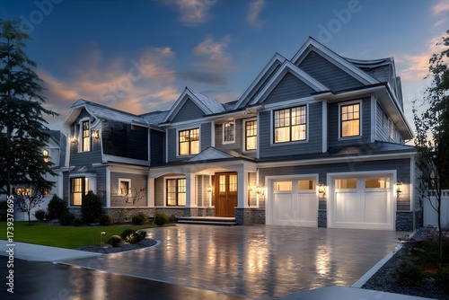 A beautiful two-story house with warm lights at dusk.