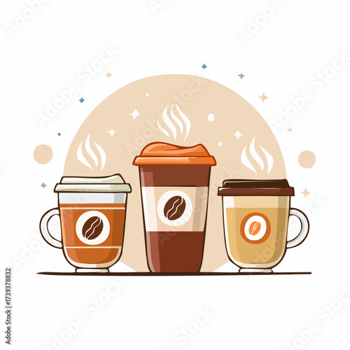 Coffee cup icon vector illustration with disposable white lid and brown cardboard sleeve isolated on white background