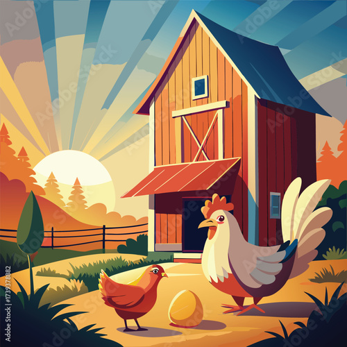 Vector art of a vibrant illustration of chickens and an egg in front of a rustic barn at sunrise, evoking a sense of farm life and natural beauty