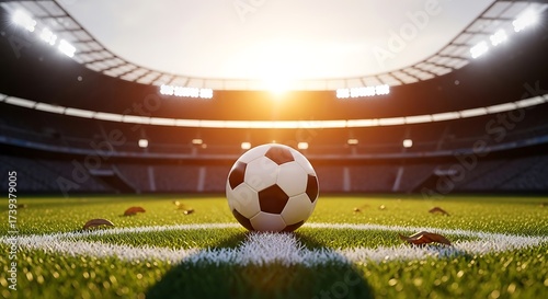 Feel the energy of the game with this classic soccer ball ready for action on a vibrant green field in a sun drenched stadium, perfect for sports campaigns