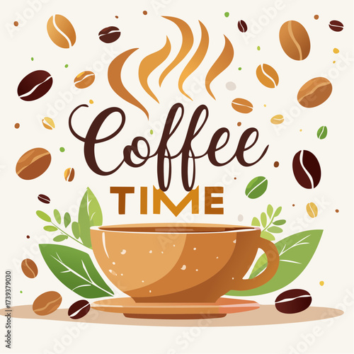 Minimal Flat Vector, Vintage Coffee Cup with Beans and Steam Illustration