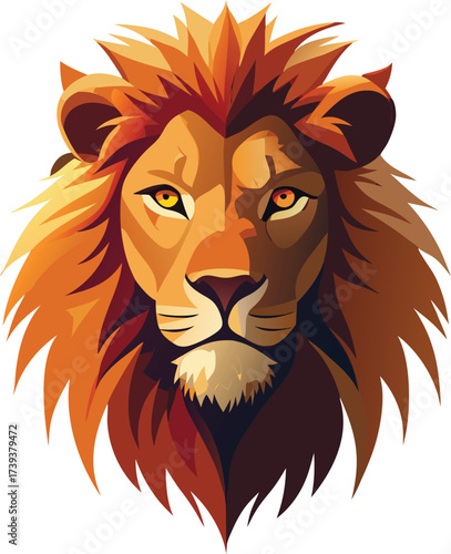 Vector art of stylized illustration of a majestic lions head with a fiery mane and intense yellow eyes, powerful and regal