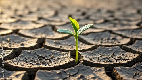 Small green sprout growing in cracked dry ground under warm light, symbolizing hope and new life in arid conditions, video