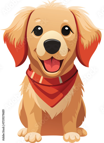 Vector art of cute golden retriever puppy wearing a red bandana, sitting and smiling