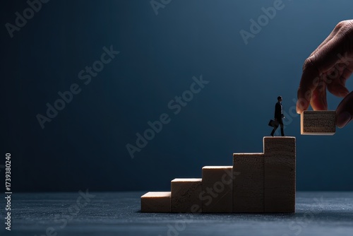 A tiny figure in a suit walks up wooden stairs as a hand places the final step