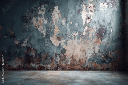 Dilapidated interior featuring a decaying blue and brown plastered wall, weathered concrete floor