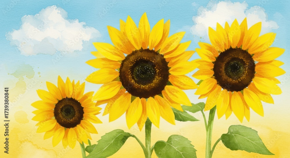 Obraz premium Vibrant sunflowers bloom under a bright blue sky with fluffy white clouds