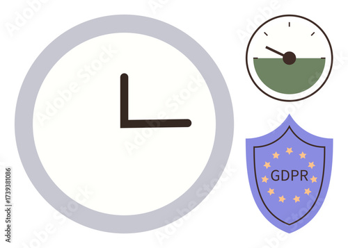 Clock icon representing time, gauge symbolizing progress or deadlines, GDPR shield for security and privacy. Ideal for data compliance, regulations, time management, efficiency, security, deadlines