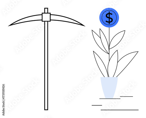 Minimalist pickaxe beside a growing plant with a dollar sign as the flower. Ideal for finance, investment, mining, growth, productivity, agriculture, innovation and sustainability themes. Modern