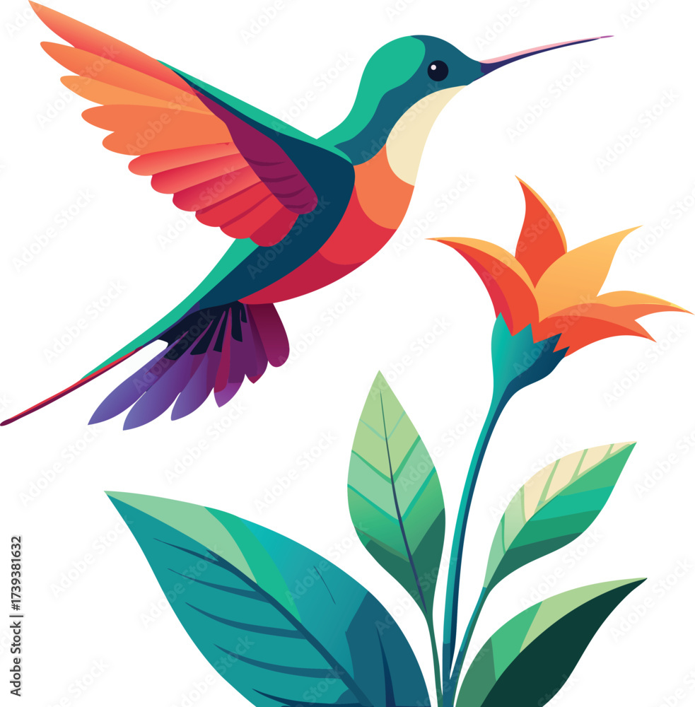 Fototapeta premium Vector art of vibrant hummingbird with colorful wings hovering near a bright orange flower with green leaves