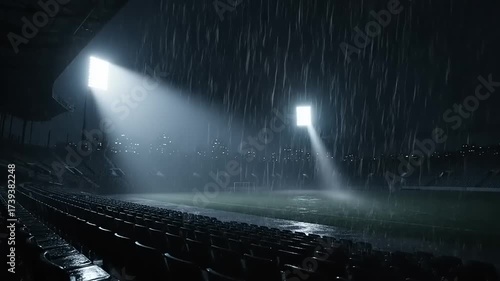 Empty Football Stadium at Night with Heavy Rain and Floodlights Turning On