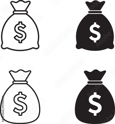 Collection of four stylized money bag icons with dollar signs in black and white