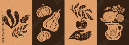 Set of boho autumn posters, vertical cards. Harvest, pumpkins, flowers in vase, apple and hand, florals. Silhouette linocut style. For prints, covers, articles. Vector illustration, simple and magic