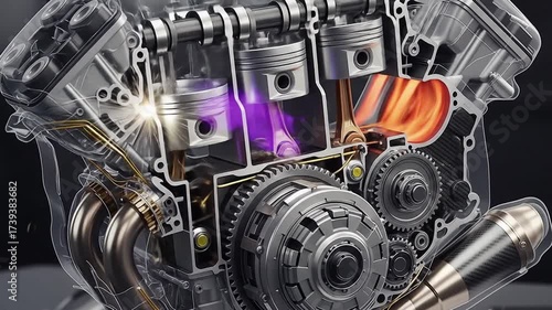 Cutaway view of an internal combustion engine, showcasing its intricate components and operation.