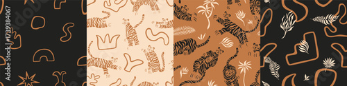 Set of seamless vector patterns. Cute tigers in various poses, abstract simple organic forms, florals, leaves, warm earthy colors. print for textile, fabric, wallpaper. Surface design, fashion