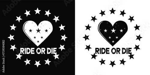 Ride or die heart emblem surrounded by stars, in both black and white, symbolizing passion and commitment for motorcycle enthusiasts