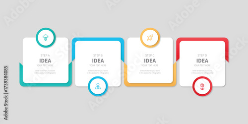 Colorful s shaped infographic with five numbered steps for business presentation and data visualization.
Modern infographic template with three colored steps connected to a central circular element on