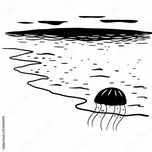 Minimilist a monochrome illustration of a jellyfish on the shore with ocean waves and clouds in the background vector