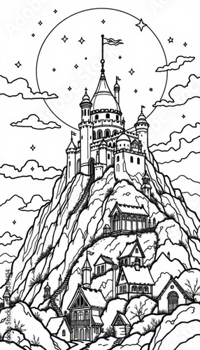 Minimilist detailed line art of a castle perched atop a mountain under a starry sky and a full moon backdrop vector