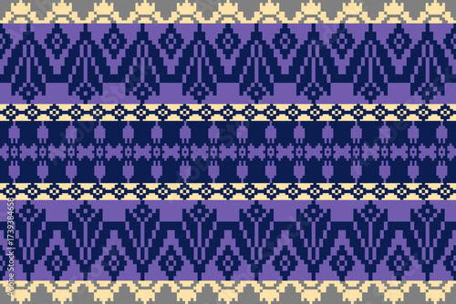 Blue-Purple Tone Traditional Embroidery Art Abstract with Pixel Art Designs for Textile Print