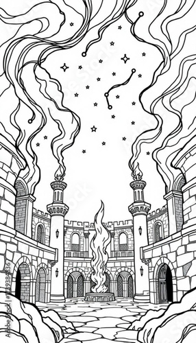 Minimilist illustration of a courtyard with towers, fire, smoke, and stars in a black and white line drawing style vector