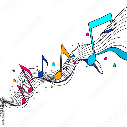 Minimilist colorful music notes flowing on wavy lines with stars and circles creating a musical illustration art vector