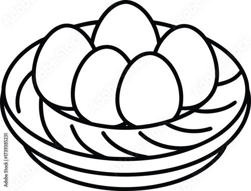 Vector art of a birds nest filled with five eggs, depicted in a simple outline style