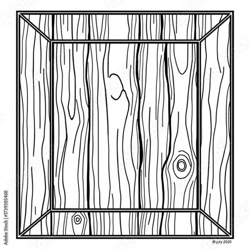Minimilist illustration of a wooden crate with visible wood grain pattern and a simple black outline design style vector