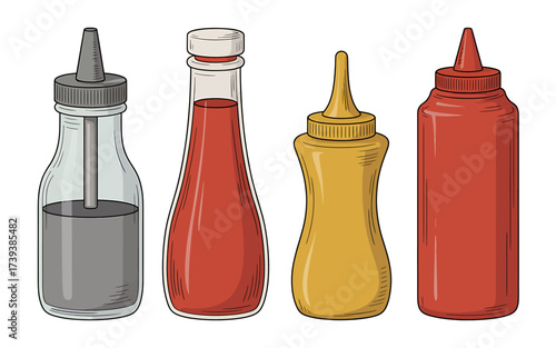 Variety of Condiment Bottles Ketchup Mustard Soy Sauce Perfect for Barbecue Illustration or Food Related Projects
