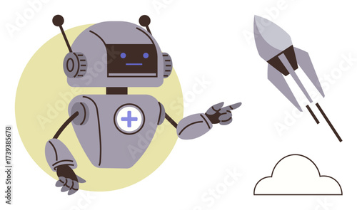 Robot with antenna and plus sign chest points to flying rocket conceptual minimalist cloud below. Ideal for technology, innovation, robotics, artificial intelligence, science fiction, exploration