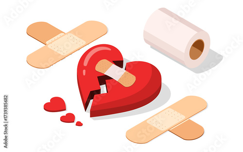 Mending a Broken Heart with Bandages and Healing Love Conceptual Illustration for Valentines Day and Emotional Recovery
